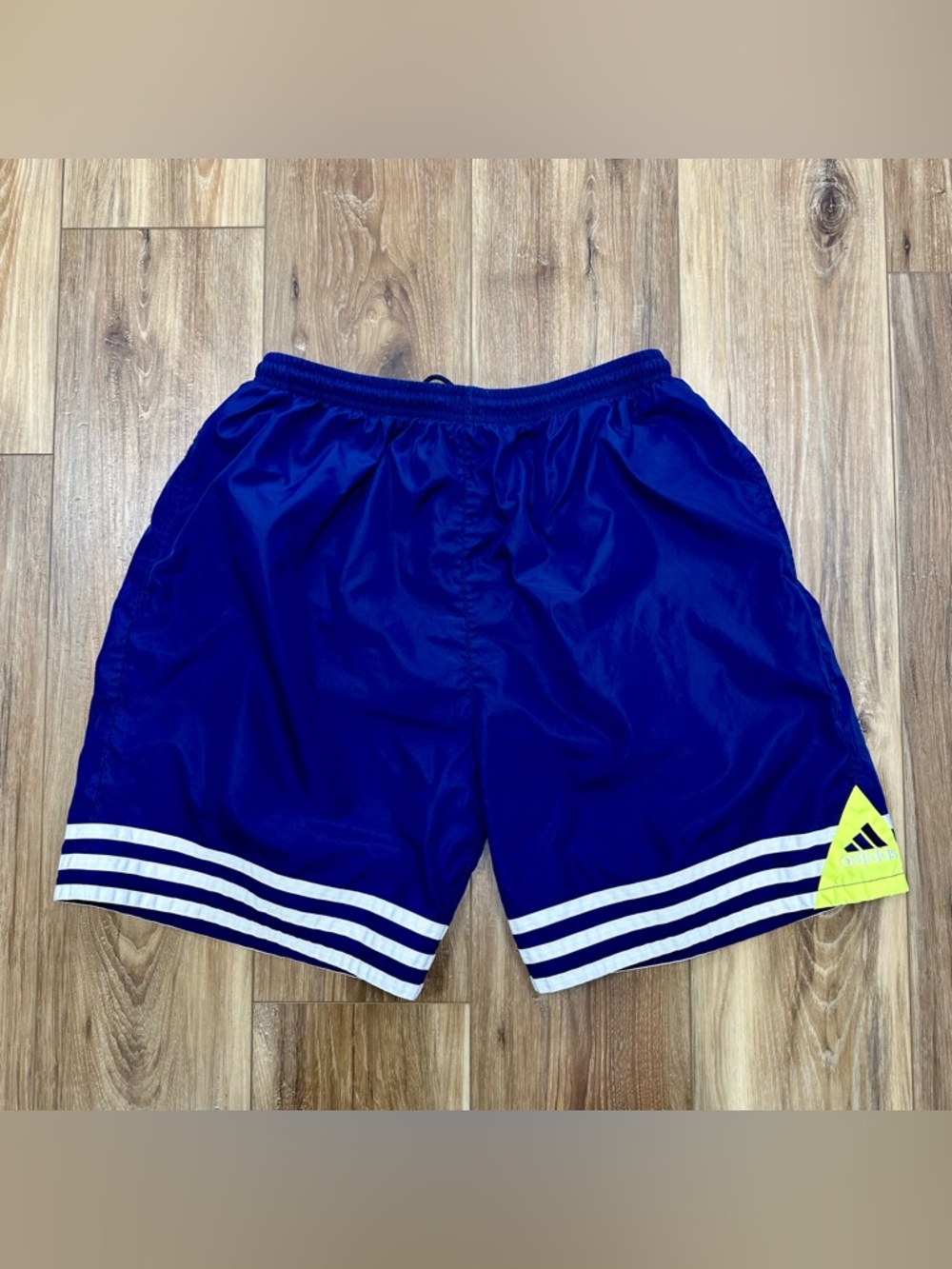 Vintage 90s Adidas Nylon Athletic 8” Shorts, Navy/Neon Green, Large